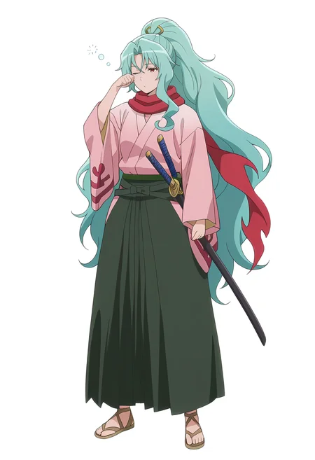 Smooth Quality,masterpiece, ultra realistic,
simple background, white background, 
front view,sleepy,
 <lora:Tomoecnn:0.8> sofia/cnn, 1girl, long hair, scarf, ponytail, red eyes, japanese clothes, katana, green hair, very long hair,sandals,