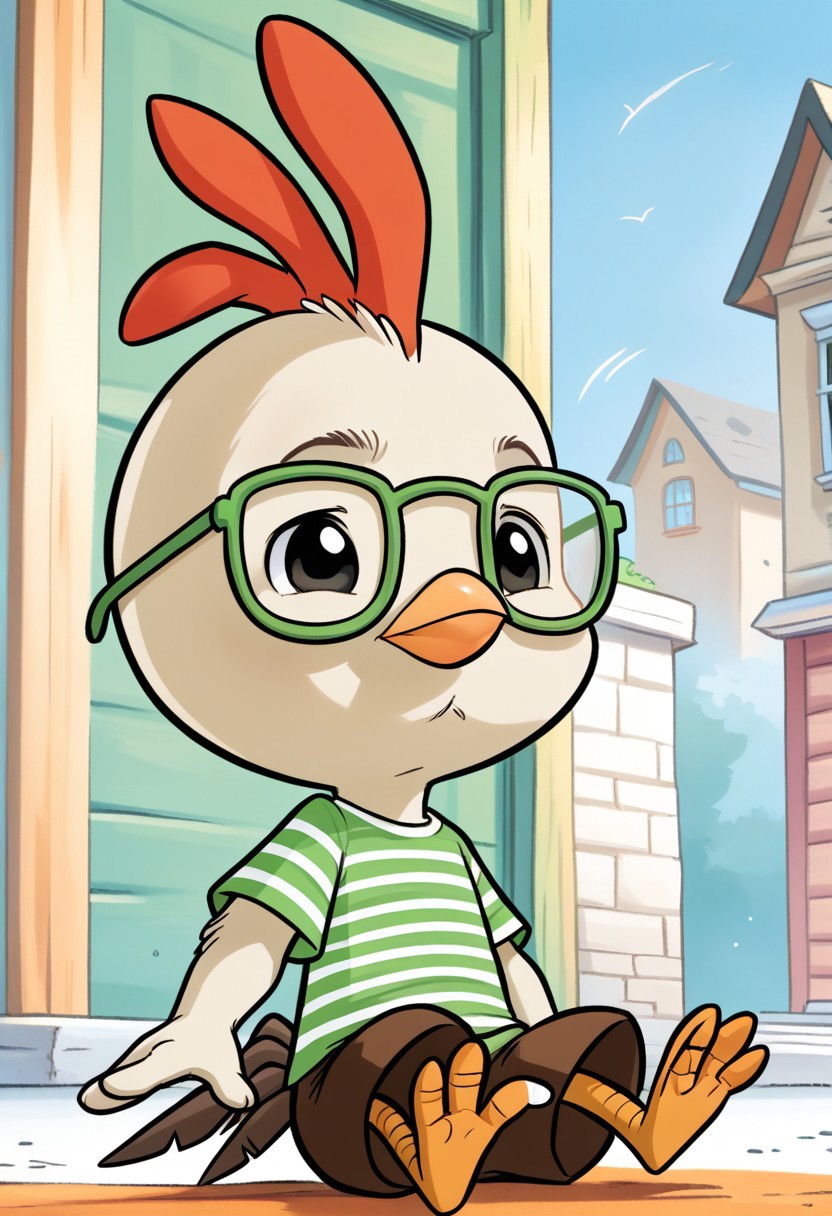 score_9, score_8_up, score_7_up, Chicken_Little, chicken, anthro, feathers, 1boy, black eyes, green glasses, striped shirt, brown shorts, tiny male, beak