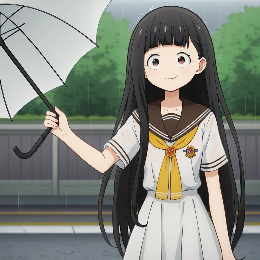 1girl, solo, best quality, newest, very aesthetic, (((masterpiece))), ((round face)), very nice woman, big eyes, thin waist, petite, kaju nukumizu, long hair, black hair,(put hair on left ear:1), blunt bangs, (dark brown eyes:1),tareme,(Droopy eyes:1), school uniform, serafuku, short sleeves, white shirt, yellow neckerchief, white dress, raining, holding umbrella,  mesugaki, blush, smug, excited, arrogant, IllustriousQual