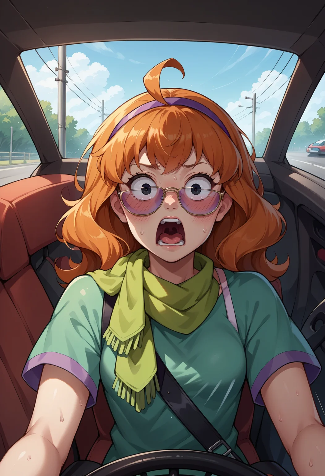 score_9, score_8_up,score_7_up, source_anime,1girl, solo,<lora:EPsbdDaphne:1>, EPsbdDaphne, orange hair, long hair, black eyes, purple hairband, green scarf,
sunglasses, !, !!, ahoge, blush, green shirt, driving, looking at viewer, motion blur, open mouth, shirt, short sleeves, spaghetti strap, steering, steering wheel, surprised, sweat, upper body, screaming, panicking, wide-eyed