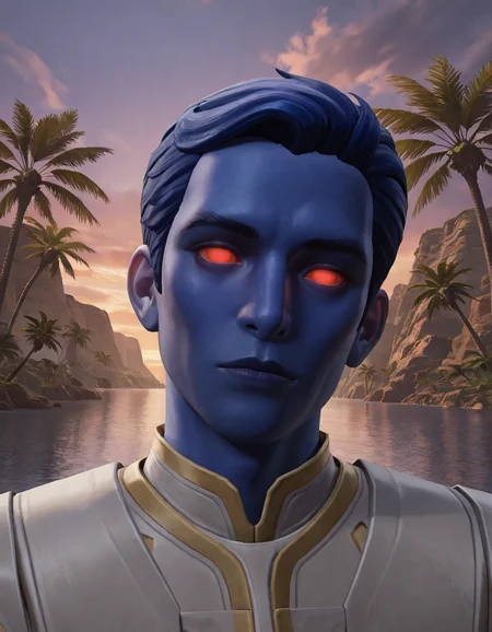 cinematic_depth, 8k, soft_lighting, warm_glow, ultra_high_quality, masterpiece, best quality, newest, perfect quality, best quality, detailed background, intricate details, male focus, solo, anime, <lora:SWTOR - Aristocra Saganu - Illustrious-000004:0.7>, swtor_saganu, 1boy, chiss, blue hair, very short hair, blue skin, red sclera, no pupils, glowing eyes, tunic, looking at viewer, outdoors, palm trees, water, cliffs, evening, cloudy sky, banners, plants, portrait, head tilt