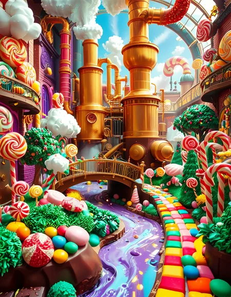 A whimsical and magical photo of Willy Wonkaâs Chocolate Factory. The scene captures the exterior of the factory, featuring a towering, fantastical building with colorful, crooked chimneys puffing out clouds of candy-scented steam. The walls are made of vibrant bricks in shades of purple, gold, and red, with intricate candy-inspired patterns carved into the structure. A large, ornate gate made of swirling lollipop shapes stands at the front, with the name "Willy Wonka" emblazoned in gold letters. Surrounding the factory is a lush, surreal landscape filled with oversized candy canes, gumdrop bushes, chocolate rivers, and trees made of cotton candy. The sky is bright and cheerful, with fluffy clouds that resemble whipped cream. The entire setting feels magical, playful, and inviting, full of bright, saturated colors and incredible, dreamlike details that spark the imagination.
<lora:SDXLFaeTastic2400:0.4> <lora:extremely_detailed:0.4> extremely detailed, <lora:Willy_W0nk4_chocolate_f4ct0ry:1>,Willy W0nk4 chocolate f4ct0ry, Masterpiece,best quality,hi res,8k,hi res,8k,award winning,(sharp focus, intricate, highly detailed),