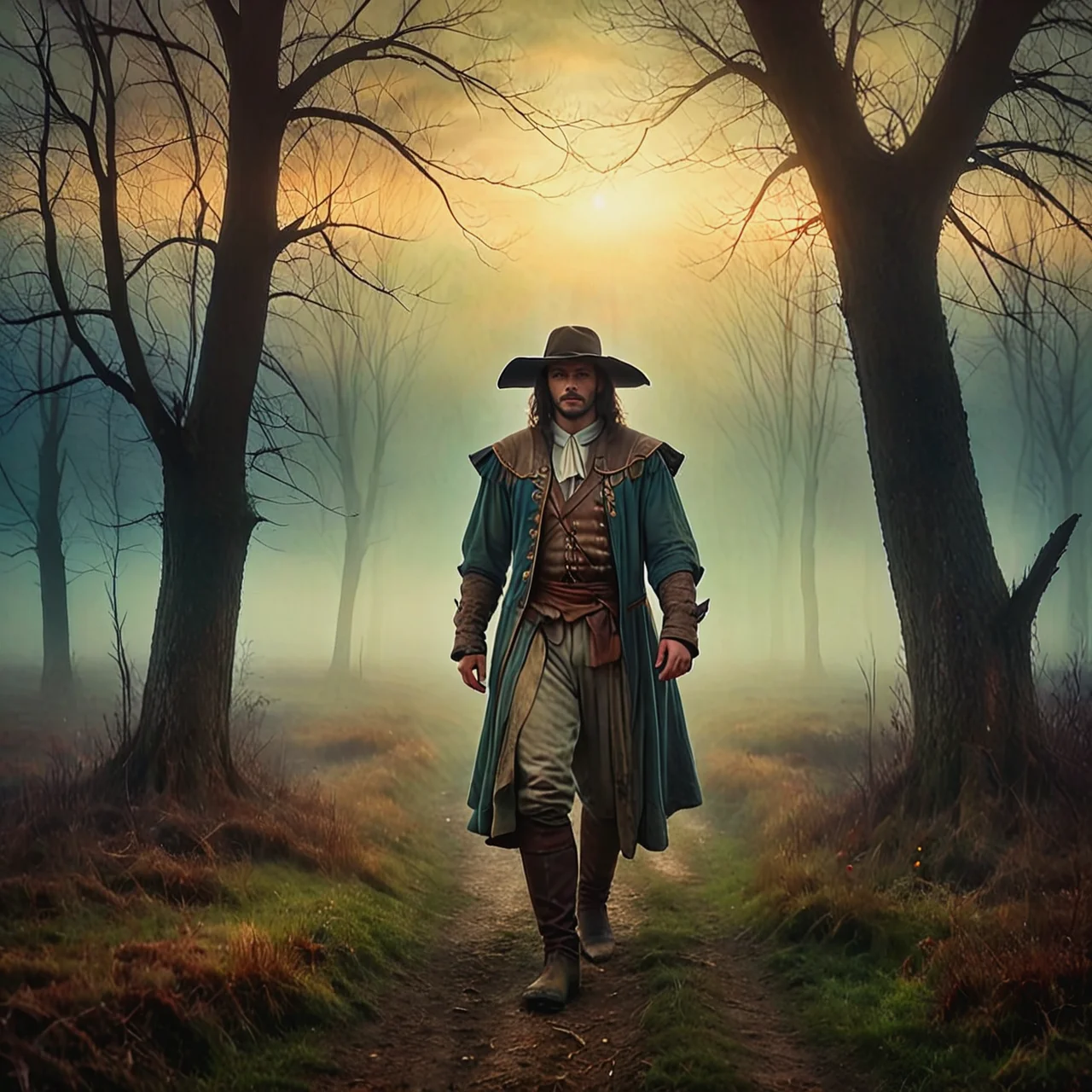 Transparent 1600s Frenchman in archaic clothing. Superimposed on the landscape.

Fantasy style. Fantasy dreamlike art. 

Atmospheric, rustic, moody, misty.

<lora:Tonalism01b_CE_XL_300-OT:0.7> tnlsmCE_style