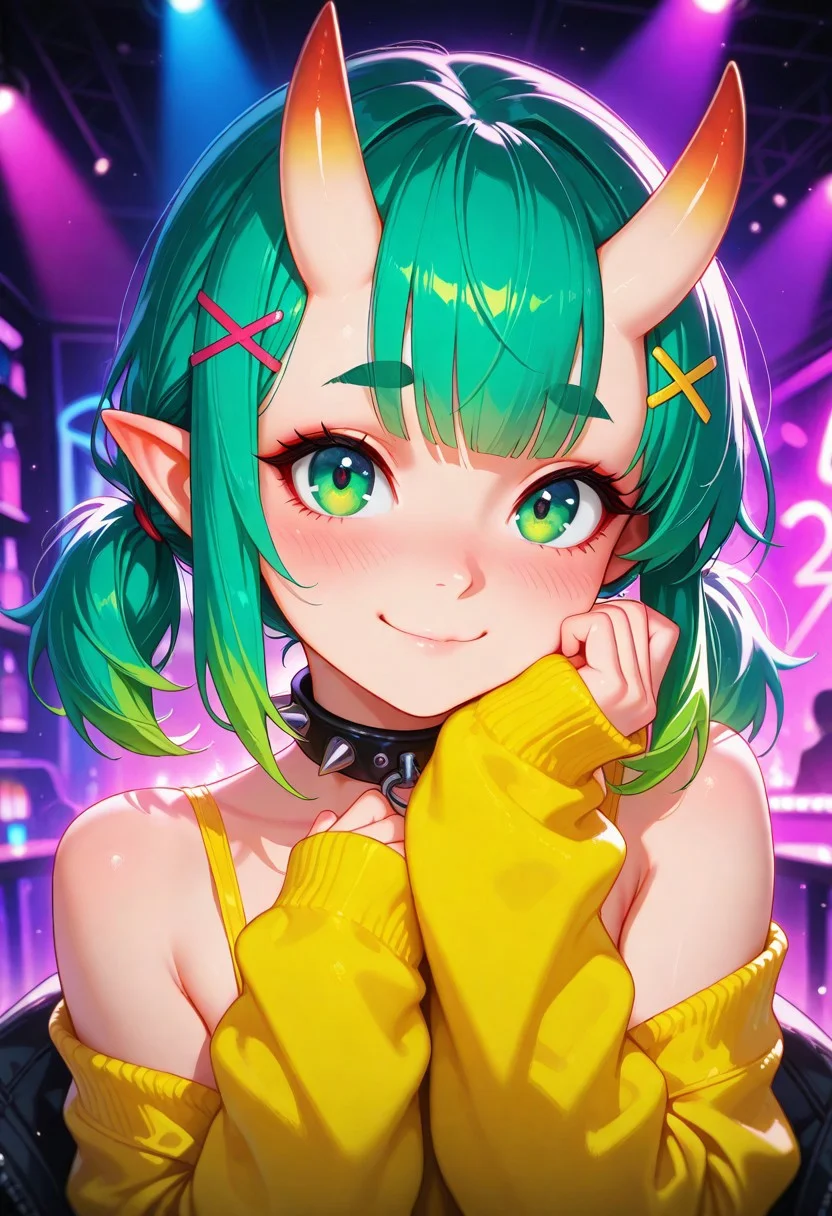 masterpiece, best quality, amazing quality, volumetric lighting, (by_neoartcore:0.1), BREAK, 1girl, 25 years old, cute, petite,
detailed face, portrait, face focus, depth of field, looking at viewer, blush, shy smile, close up,
green eyes,
pointy ears,
green hair, twintails, bangs, multicolored hair, thick eyebrows, x hair ornament, hair ornament, hairclip, oni horns,
spiked collar,
off shoulder, yellow shirt, sleeves past wrists,
night, party, nightclub,
masterpiece, best quality, amazing quality,