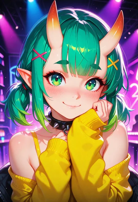 masterpiece, best quality, amazing quality, volumetric lighting, (by_neoartcore:0.1), BREAK, 1girl, 25 years old, cute, petite, 
detailed face, portrait, face focus, depth of field, looking at viewer, blush, shy smile, close up, 
green eyes, 
pointy ears, 
green hair, twintails, bangs, multicolored hair, thick eyebrows, x hair ornament, hair ornament, hairclip, oni horns, 
spiked collar, 
off shoulder, yellow shirt, sleeves past wrists, 
night, party, nightclub, 
masterpiece, best quality, amazing quality,
