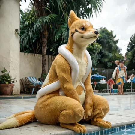 zPDXL3, Score_7_up, score_8_up, Re_An,
BREAK,
Small short furry, cub, mustelid, mammal, floatzel, (shiny Pokemon), yellow fur, white tube, full body, two tails, body fur, detailed fur, sitting, 
Outdoors, public pool, poolside,