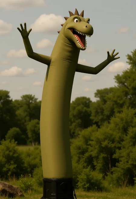 <lora:Wacky_Waving_Inflatable_Arm_Flux_Man-000009:0.9>
The image is a photograph of a very tall, inflatable dinosaur with wavy raised arms standing in a prehistoric setting.