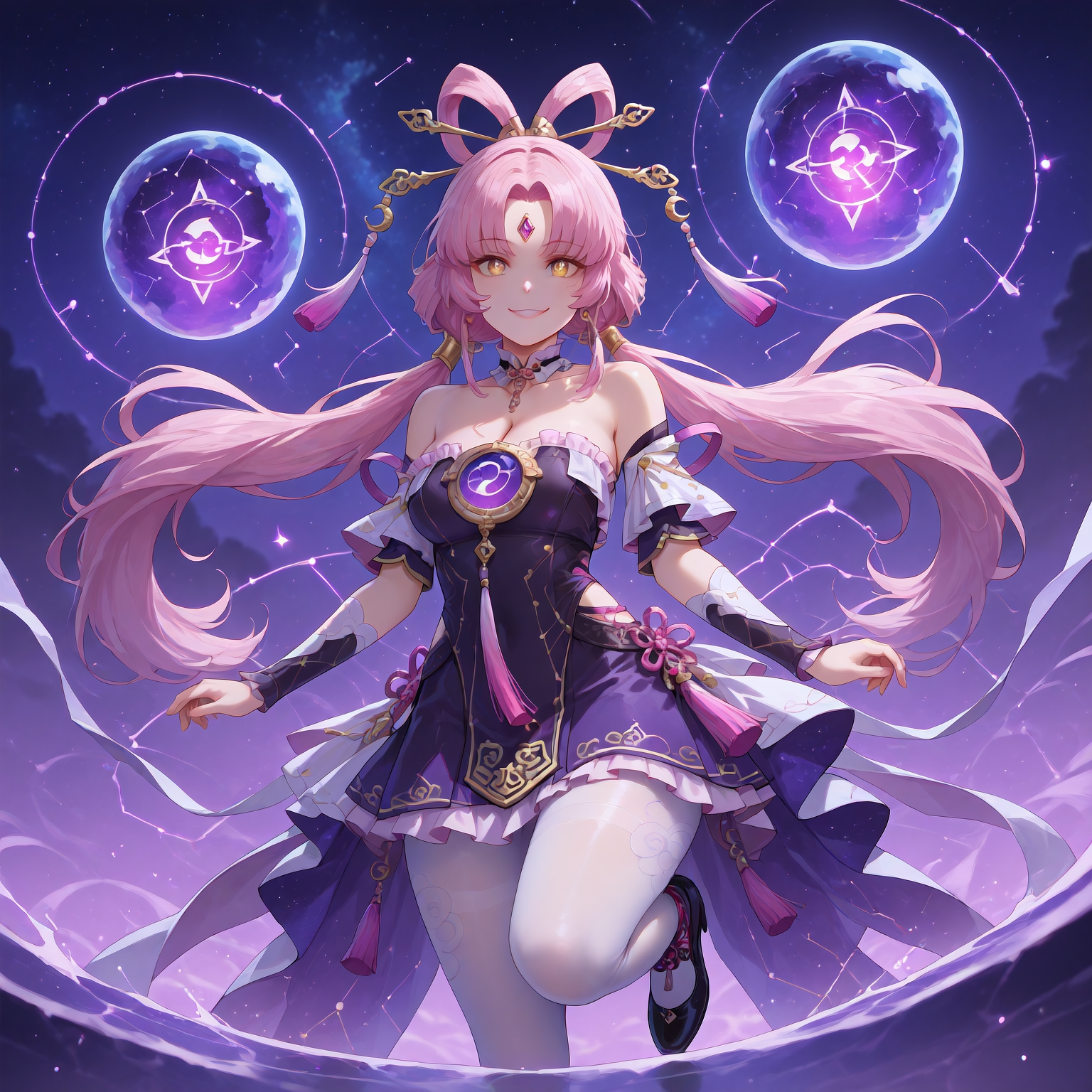 (masterpiece, best quality,perfect face:1.4),highres,illustration,8k,(looking at viewer, collarbone),(hyper-detailed,digital painting,trending on ArtStation,shiny_eyes,sparkling_eyes, smile, :1.2),
(Cyber-fantasy masterpiece 8K:1.4), [astral mage manipulating quantum strings], fractalized stardust forming rail-track patterns, (pulsing neon-blue probability waves:1.5), (entangled photon streams creating holographic matrix:1.3), (quantum tunnel warping spacetime geometry:1.4), (floating Dirac equations glowing cyan:1.1), (nebula particles condensing into crystal shards:1.3), (Schrödinger's cat hologram flickering:1.1), (multilayer refraction through prismatic energy fields:1.4), (background of collapsing star clusters:1.1), cybernetic cel shading with (neon noir lighting:1.3), (temporal displacement trails:1.1)
Fuxuan,1girl,forehead jewel,white pantyhose,solo,pantyhose,pink hair,long hair,twintails,bare shoulders,hair ornament,low twintails,black footwear,detached sleeves,parted bangs,tassel,yellow eyes,dress,hair stick,bow-shaped hair,constellation print,very long hair,black dress,hair rings,tassel hair ornament,jewelry,
cleavage,large breasts,bouncing breasts,outdoors,<lora:aidmaImageUpgrader-v0.3-IL:0.6>,<lora:Fuxuan(IL):0.85>,