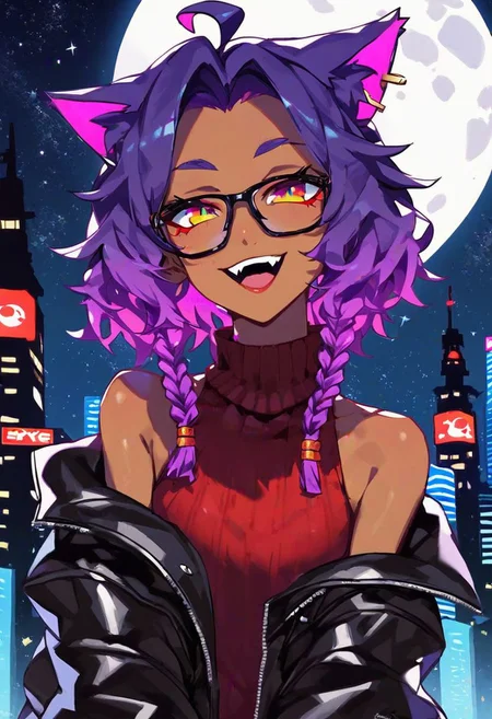 score_9_up, score_8_up, score_7_up, very detailed, very cute catgirl, cute pose, catgirl ears, tanned skin, dark skin, titanium framed glasses, bright neon purple hair, bobcut, ribbon-braided hair, bangs, medium hair, ahoge hair, sly smile, open mouth, starry jewelrey, baggy sweater, oversized sweater, Red Turtleneck sweater, black leather coat, studded coat, spiked coat, night time, cyberpunk city in background, moon, solo focus on face, from torso up, detailed face, best detail, (best quality:1.5), masterpiece, (high resolution:1.5)
ng_deepnegative_v1_75t, OverallDetail, , Expressiveh