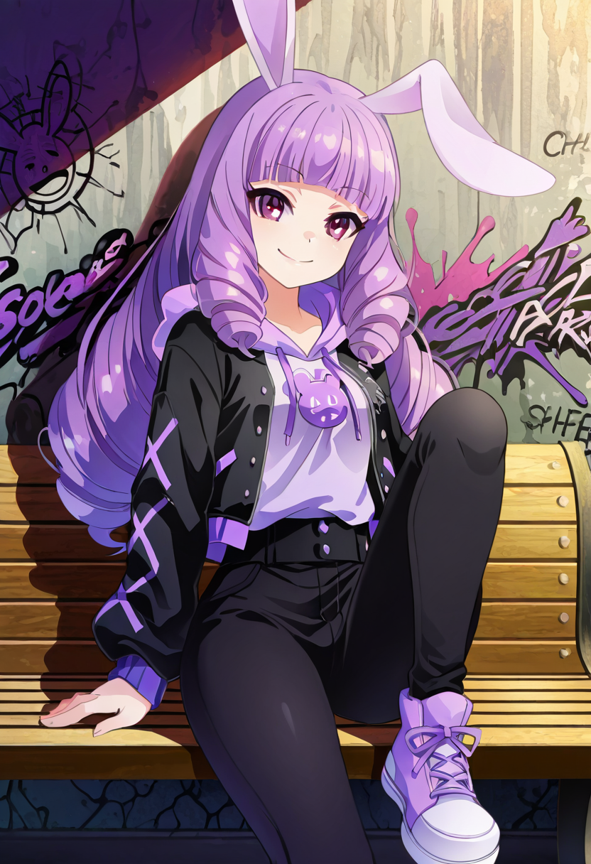 masterpiece, best quality, 1girl, solo, eyelashes, (beautiful eyes), narrow waist, smile,  sitting,    [Urban Rabbit Chill], zzChuchu, pink eyes, drill hair, long hair, purple hair, animal ears, rabbit ears, blunt bangs, rabbit girl, C0utur3Cr4z3, streetwear jacket, oversized hoodie, graffiti wall, sneakers, casual vibe, cool attitude â zzChuchu sits casually on the edge of a graffiti-covered street bench, her purple drill hair spiking in fun, chaotic curls. Her pink eyes sparkle with mischief as she surveys the urban landscape around her, wearing an oversized hoodie and a streetwear jacket that complement her laid-back, cool style. Her rabbit ears twitch as she leans back, one sneakered foot propped up on the bench. The city's vibrant energy pulses around her, blending youthful rebellion with a relaxed, effortless attitude.  , <lora:ChuchuShowByRock_NAI:0.7>,   <lora:CoutureCraze_IXL:0.7>,