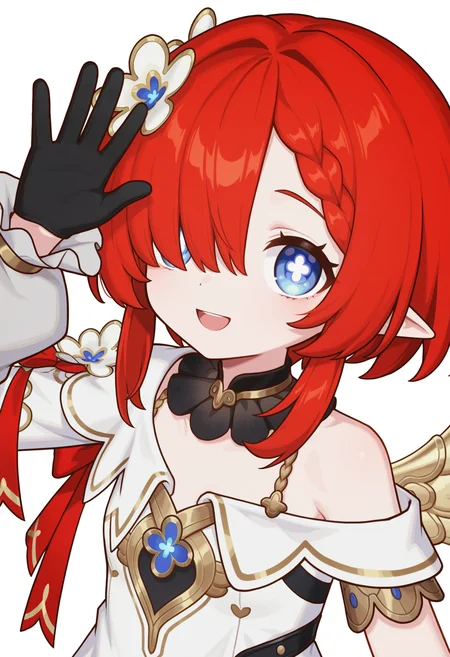 <lora:Tribios_illustrious-000030:1>,
Tribios_TINING,solo,blue eyes,white dress,asymmetrical gloves,smile,closed mouth,looking at viewer,black gloves,single sleeve,puffy long sleeves,symbol-shaped pupils,white pupil,
upper_body,off shoulder,detached_sleeves,open mouth,waving,red hair,simple_background,white_background,hair over one eye