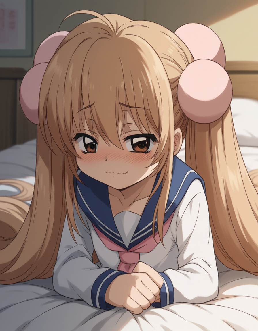 score_9, score_8_up, score_7_up, source_anime, <lora:rin-kokonoe-s1-ponyxl-lora-nochekaiser:1>, rin kokonoe, long hair, brown hair, hair ornament, twintails, brown eyes, very long hair, hair bobbles,, school uniform, serafuku, long sleeves,, indoors, bed, bed room, on side, blush, drunk,, , bent over, smug,, looking at viewer, solo,, dutch angle, cowboy shot