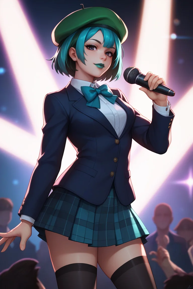 score_9, score_8_up, score_7_up, score_6_up, score_5_up, score_4_up, BREAK source_anime, 1girl, solo, looking at viewer, breasts, <lora:gwentd-guy-ponyv1:.85>, gwentd, multicolored hair, two-tone hair, makeup, green lips, skirt, hat, thighhighs, plaid, plaid skirt, bow, jacket, beret, bowtie, long sleeves, blazer, school uniform, stage, stage lights, neon lights, audience, holding microphone,
