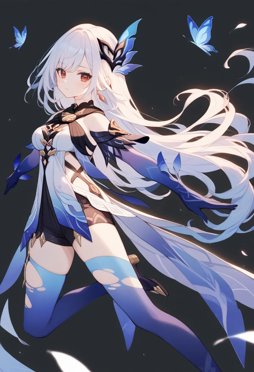 score_9,score_8_up,score_7_up,score_6_up,
Genshin_Skirk,1girl,solo,long hair,gloves,blue torn thighhighs,blue elbow gloves,simple background,looking at viewer,butterfly hair ornament,full body,white hair,earrings,jewelry,red eyes,black background,bare shoulders,bangs,white dress,closed mouth,breasts,outstretched arms,<lora:Genshin_Skirk_pony:1>,