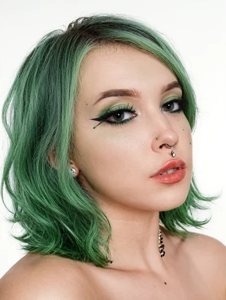 1girl,Realistic photo,studio photo,white background,detailed face,sexy pose,makeup,piercing,green hair <lora:E_Girl_SDXL_3:0.9>