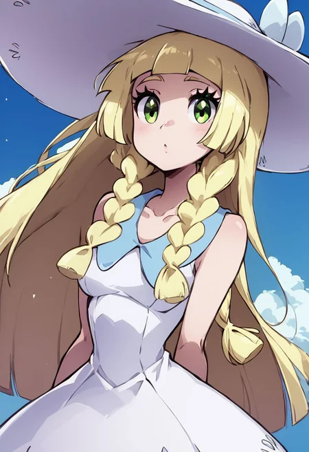 score_9, score_8_up, score_8, medium breasts, (curvy), cute, eyelashes,       zzlillie, long hair, braid, sun hat, white headwear, collarbone, sleeveless dress, white dress,, zPDXL,