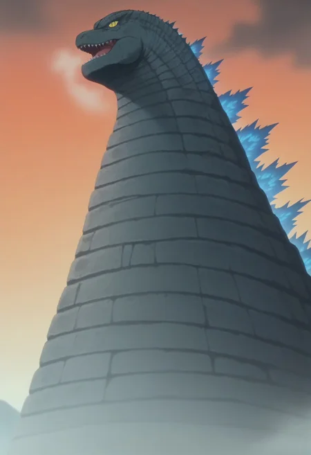 score_9_up, score_8_up, score_7_up, source_anime, anime screencap, retro anime style, low angle, from below, monster focus, BREAK, ((godzilla, spines)) feral, male, godzilla, grey skin, sharp teeth,open mouth,yellow eyes, solo, flat color, outdoors, gigantic monster, an island, island with a huge dark cave, darkness, sprawling underground anciet city, reclaimed brutalism, stone buildings, stone towers, bridges, smoke, steam, steam_swirls, bridges, waterfall, ivy, (masterpiece:1.2), best quality, (hyperdetailed, highest detailed:1.2), high resolution textures, Sunny, very detailed, atmospheric haze, forced perspective, blurry background, building, looking up, Original video animation style,