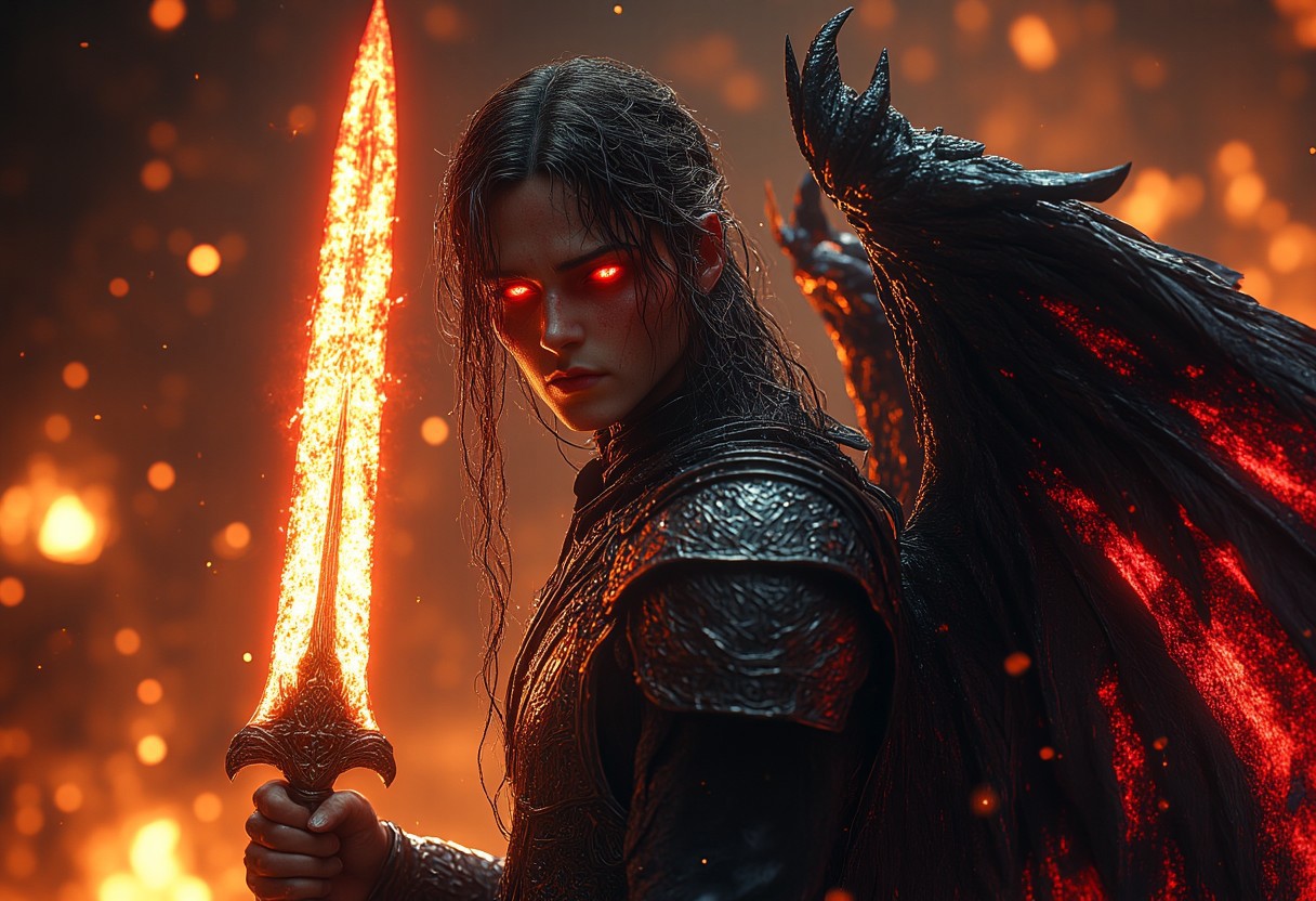 a cinematic photograph of an male angel warrior with black hair and red glowing eyes wearing dark armor wielding a flaming sword, black and red wings on back, photorealistic, photography lighting, extremely detailed, shot on Sony A7R V with Leica lens, fire background. HKStyle, hkevil