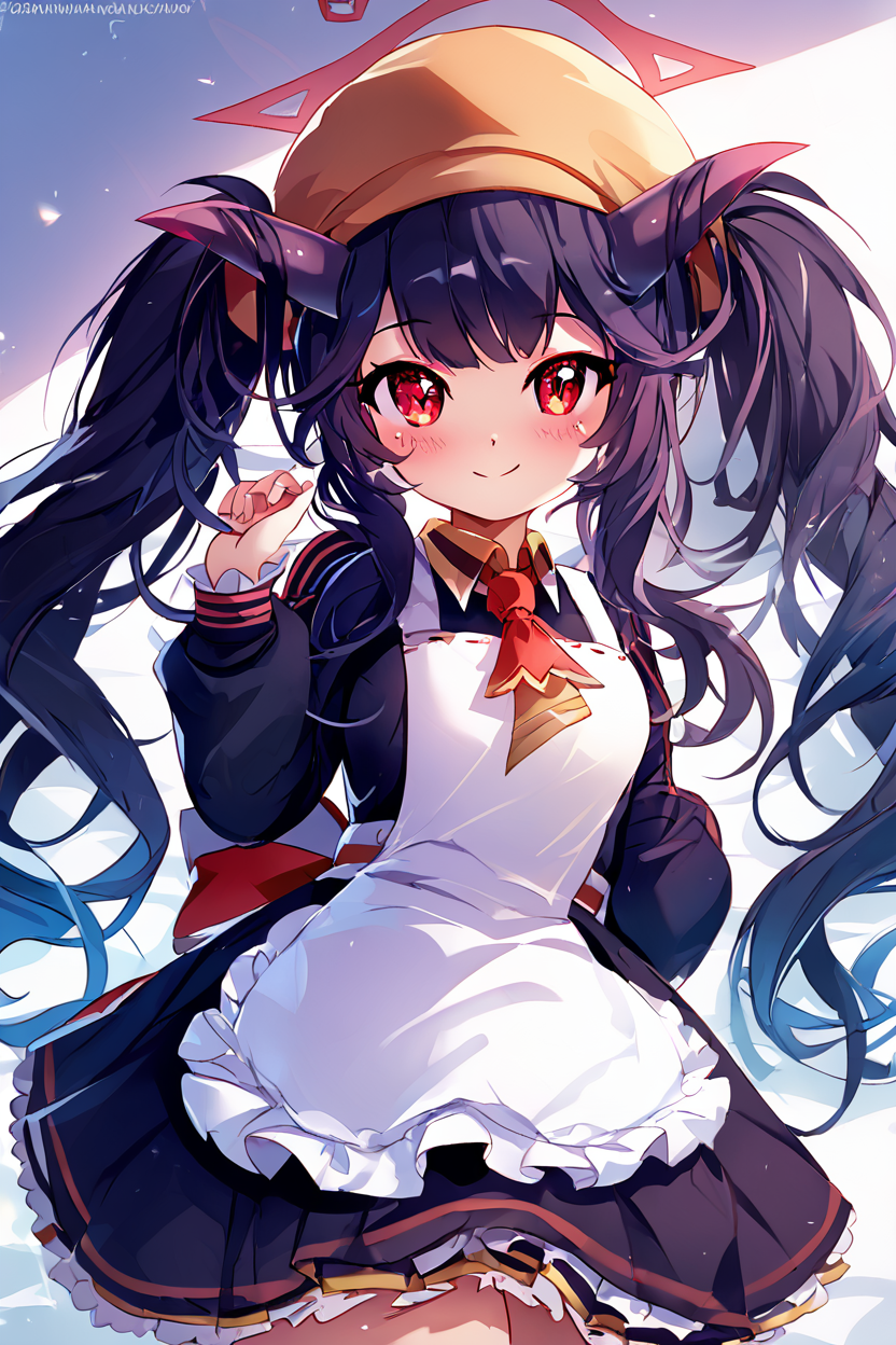 score_9, score_8_up, score_8, medium breasts, (curvy), cute, eyelashes,       BREAK, , ,,, zzFuuka, red eyes, black hair, long hair, horns, halo, demon horns, twintails black dress, white apron, frilled apron,  orange headwear, school uniform, necktie,  <lora:Fuuka_BlueArchive_PDXL:0.8>,   ,,,, BREAK, smile, closed mouth, looking at viewer, cowboy shot, ,,, embedding:zPDXL, Expressiveh, ,,, <lora:Konpeto_PDXL_v3:1.0>, <lora:SDXLFaeTastic2400:0.5>, <lora:Expressive_H-000001:0.4>,