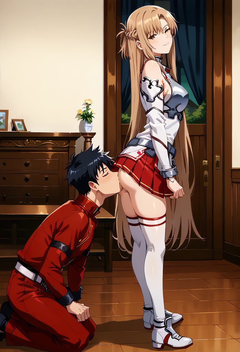 score_9,score_8_up,score_7_up,score_6_up,score_5_up,score_4_up,score_anime, 
best quality,absurdres,Cinematic Lighting, anime screencap, ev1prncs, 1girl ( Asuna, dominant, skinny, tall, ASAO, white thighhighs, red skirt, breastplate, white armor, bare shoulders, detached sleeves, pleated skirt, miniskirt, white sleeves, zettai ryouiki, white belt, white dress, long sleeves, white footwear, ev1jwl,) and 1guy (submissive, Kirigaya Kazuto, black long outfit, slave, knelt behind her, kisses ass, butt kisses, face in ass), ass kissing, femdom, rear side view