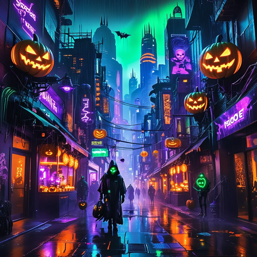 masterpiece,high resolution
A sprawling cyberpunk city at night, filled with towering neon skyscrapers and glowing holograms. The city is decorated for Halloween, with neon jack-o'-lanterns hanging from buildings, glowing orange and purple lights illuminating the streets. Futuristic advertisements feature eerie Halloween creatures like holographic ghosts and digital bats flying between buildings. The streets are wet from recent rain, reflecting the vibrant colors of the city. Trick-or-treaters in high-tech costumes walk through the neon-lit alleyways, while robotic skeletons and witches patrol the sidewalks. The city is bathed in an eerie glow of neon orange, green, and purple, blending the spooky Halloween atmosphere with the futuristic vibe
, <lora:halloween_x_cyberpunk-xl-9:0.6>