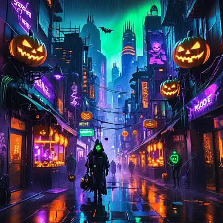 masterpiece,high resolution
A sprawling cyberpunk city at night, filled with towering neon skyscrapers and glowing holograms. The city is decorated for Halloween, with neon jack-o'-lanterns hanging from buildings, glowing orange and purple lights illuminating the streets. Futuristic advertisements feature eerie Halloween creatures like holographic ghosts and digital bats flying between buildings. The streets are wet from recent rain, reflecting the vibrant colors of the city. Trick-or-treaters in high-tech costumes walk through the neon-lit alleyways, while robotic skeletons and witches patrol the sidewalks. The city is bathed in an eerie glow of neon orange, green, and purple, blending the spooky Halloween atmosphere with the futuristic vibe
, <lora:halloween_x_cyberpunk-xl-9:0.6>