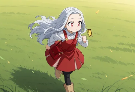 masterpiece, best quality, score_9, score_8_up, score_7_up,
1girl, Eri, solo, child, white hair, long hair, red eyes, light pupils, single horn, red dress, white shirt, long sleeves, black leggings, beige boots, red purse,
Running, butterly, chasing butterfly,
Outdoors, grassfield, plains, 