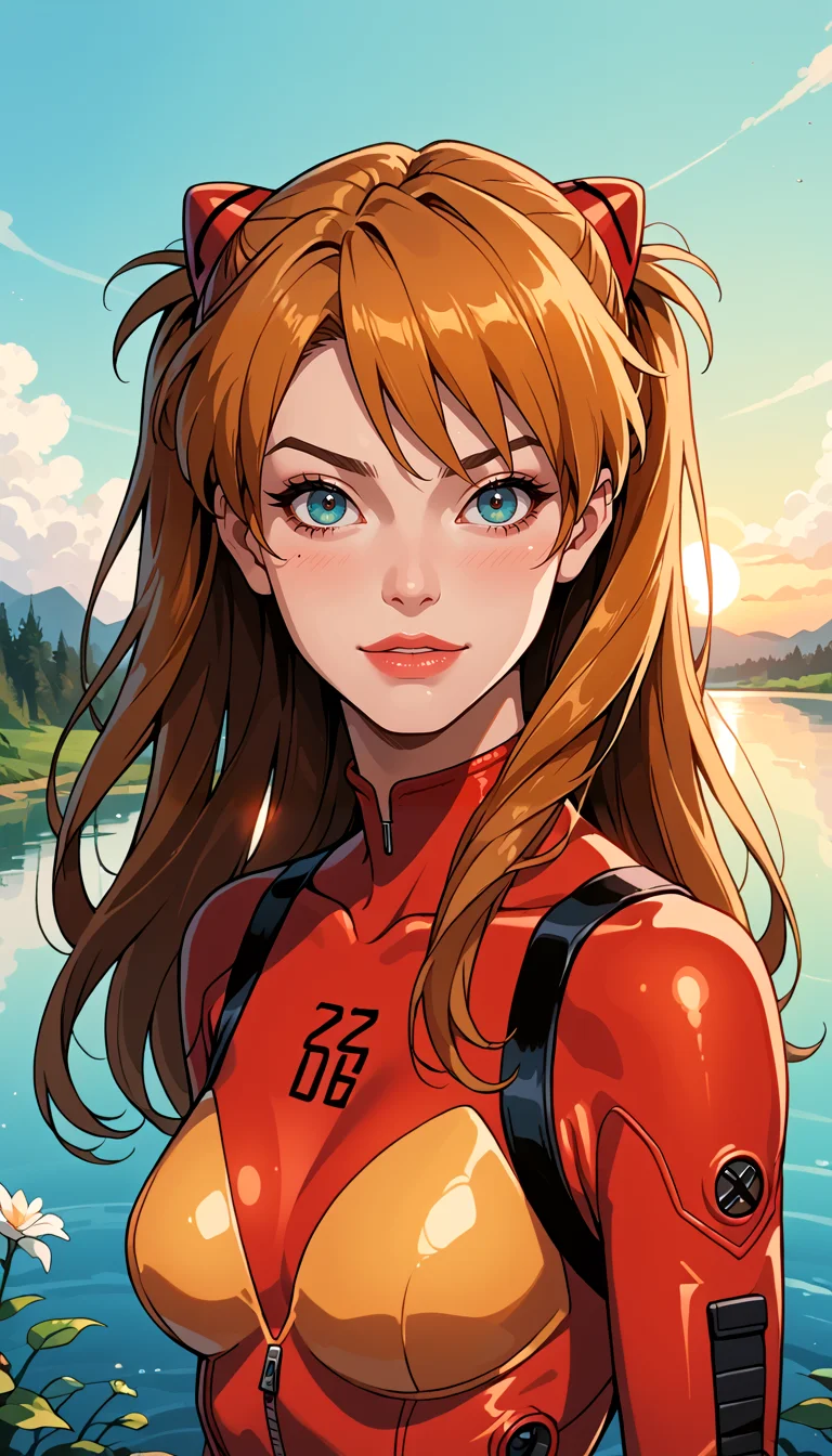 score_9, score_8_up, score_7_up, Western Comics, Portrait, Asuka Langley Soryu, cute, seductive, innocent, light smile:0.3, plump lips, slender body, long hair, floating hair, red plugsuit, sunset, lake background, depth of field, dynamic angle, fashion photography, sharp, hyperdetailed:1.15