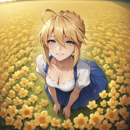 zPDXL2,score_9, score_8_up, score_7_up, score_6_up, score_5_up, score_4_up, <lora:Flower_Field:0.7> flw3r, outdoors, flower field, sunset, high angle, looking up, yellow flowers,smile, 1girl, solo, artoria_pendragon_(fate)