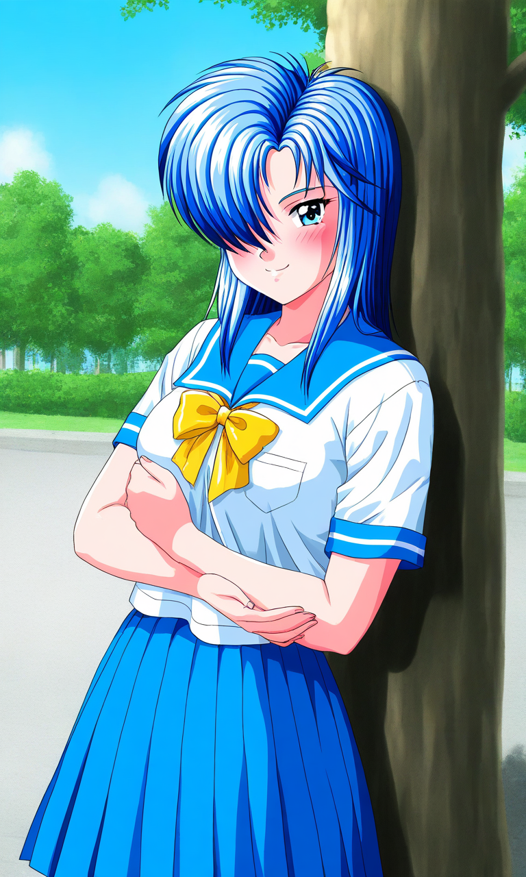 general,highres, ultra-detailed,very aesthetic,best quality ,best hands, BREAK  <lora:Himoo_Yuina_Tokimeki_Memorial_IS:1>
Himoo_Yuina(Tokimeki_Memorial), 1girl, solo, blue hair, hair over one eye, blue eyes, long hair, breasts, blush, smile,
cool face, cross arms.
blue school uniform, serafuku, jewelry, yellow bow, Yellow bow, blue skirt, blue sailor collar, white shirt, 
pleated skirt, short sleeves, outdoor, tree, sky,
