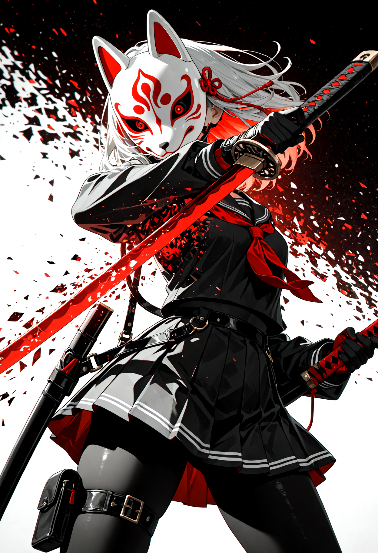 1girl, action pose, fox_mask, fox fire, mechanical eye, holding sword, school uniform, harness, thigh pouch, silhouette art, glitch art, virtual, colored shadow, geometry, monochrome, local color adaptation, hdr, (disintegration effect:1.4), (chromatic aberration, polarized:1.2), (blurry:1.4), masterpiece, best quality, amazing quality, very aesthetic, absurdres, newest,