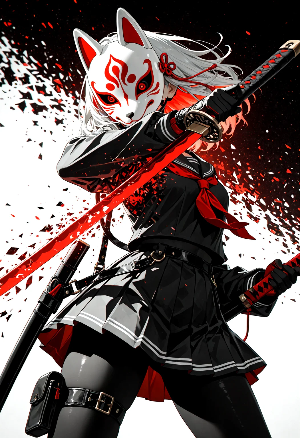 1girl, action pose, fox_mask, fox fire, mechanical eye, holding sword, school uniform, harness, thigh pouch, silhouette art, glitch art, virtual, colored shadow, geometry, monochrome, local color adaptation, hdr, (disintegration effect:1.4), (chromatic aberration, polarized:1.2), (blurry:1.4), masterpiece, best quality, amazing quality, very aesthetic, absurdres, newest,