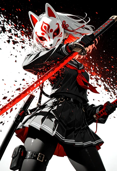 1girl, action pose, fox_mask, fox fire, mechanical eye, holding sword, school uniform, harness, thigh pouch, silhouette art, glitch art, virtual, colored shadow, geometry, monochrome, local color adaptation, hdr, (disintegration effect:1.4), (chromatic aberration, polarized:1.2), (blurry:1.4), masterpiece, best quality, amazing quality, very aesthetic, absurdres, newest,