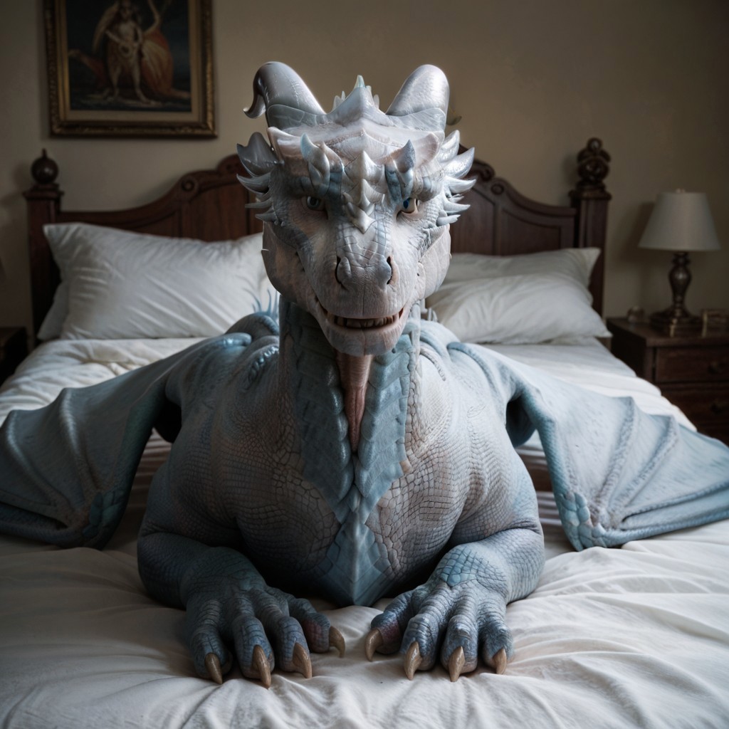 core_9, score_8_up, score_7_up, score_6_up, masterpiece, high quality, realistic, detailed, best quality, solo, rating_safe, source_furry, bedroom, smiling, seductive, looking at viewer, on bed, negative_hand, full body, Siveth_dh, dragon, white blue scales, wings, white horns, claws, female, 1girl, feral, blue eyes