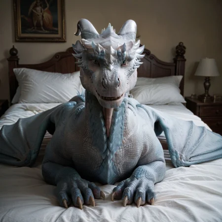core_9, score_8_up, score_7_up, score_6_up, masterpiece, high quality, realistic, detailed, best quality, solo, rating_safe, source_furry, bedroom, smiling, seductive, looking at viewer, on bed, negative_hand, full body, Siveth_dh, dragon, white blue scales, wings, white horns, claws, female, 1girl, feral, blue eyes
