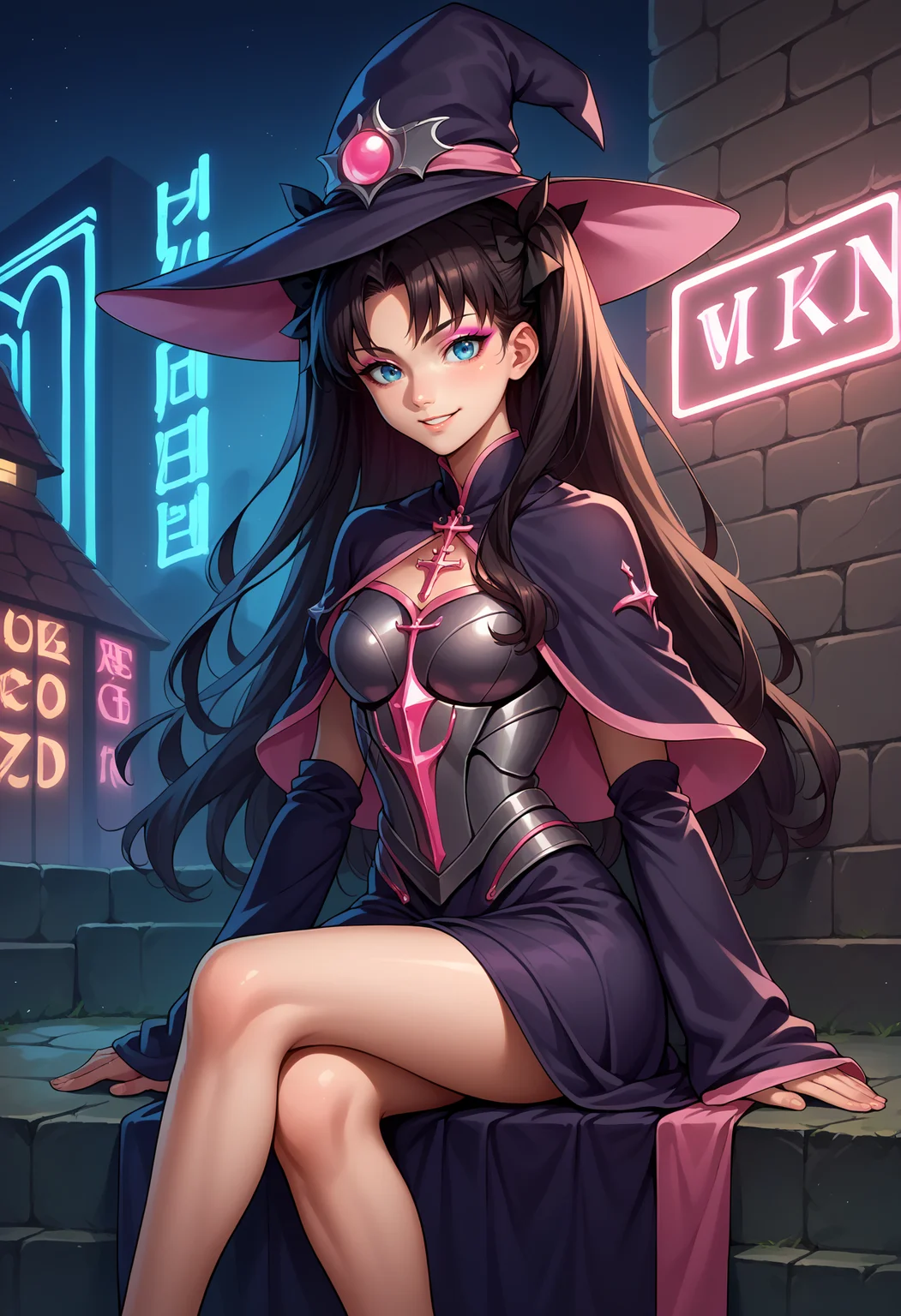score_9, score_8_up,score_7_up, source_anime, 1girl, solo, <lora:EPfsnRinPony:1.0>, EPfsnRin, long hair, black hair, two side up, twin-tails, blue eyes, glowing neon lights, sitting, armoured, witch hat, witch robe, eyeshadow, looking at viewer, smiling, pink glow, pink magical energy,