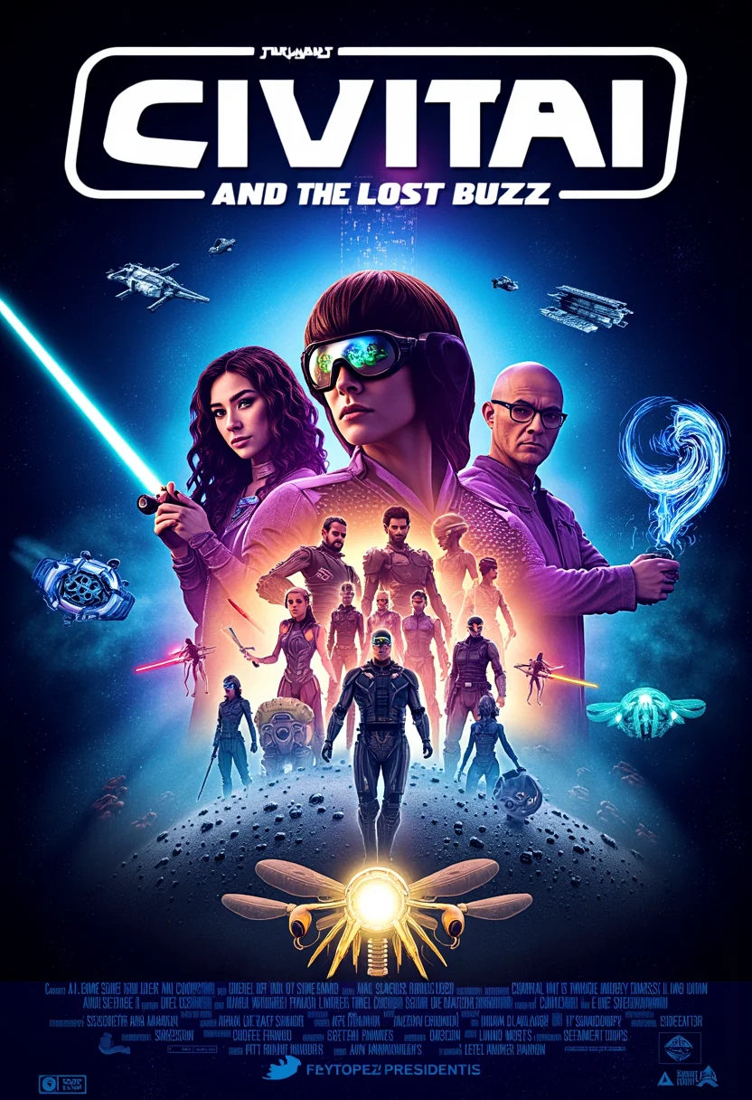 Create a dynamic movie poster in the style of a classic Star Wars film poster. The poster should be themed around the website "Civitai" and titled "Civitai and the Lost Buzz". At the top of the poster, in bold, cinematic lettering, the word "Civitai" should be prominently displayed. At the bottom, the subtitle "and the Lost Buzz" should appear in a similar style. In the center of the poster, depict a diverse group of characters that represent the creative and collaborative spirit of the Civitai community. These characters should include a futuristic artist with a digital palette, a programmer wearing augmented reality glasses, a digital explorer holding a glowing data crystal, and an AI entity with a holographic, shifting form. Arrange these characters in dynamic poses, blending seamlessly into each other, similar to the iconic composition seen in Star Wars posters. Around the central characters, include various futuristic vehicles and spaceships that symbolize the exploration of digital realms. These could include a sleek, digital spaceship that resembles a stylized circuit board, a hovercraft with glowing data streams trailing behind, and a drone shaped like a pixelated bee (representing the "buzz"). The vehicles should appear to be in motion, as if racing through a digital landscape or cosmos filled with floating binary codes, glowing icons, and abstract representations of creativity and innovation. The background should be a vibrant blend of colors, featuring shades of blue, purple, and neon green, with swirling digital patterns and stars that suggest a vast, uncharted cyberspace. Incorporate subtle elements like faint outlines of computer chips, faint digital waveforms, and glowing neural networks to enhance the theme. Overall, the poster should capture the adventurous, imaginative spirit of a digital journey, filled with innovation, collaboration, and the discovery of the "Lost Buzz" <lora:- Flux1 - vanta_black_V1.0.safetensors:1.0>, <lora:aidmaImageUpgrader-FLUX-V0.1.safetensors:1.0>, detailmaximizer