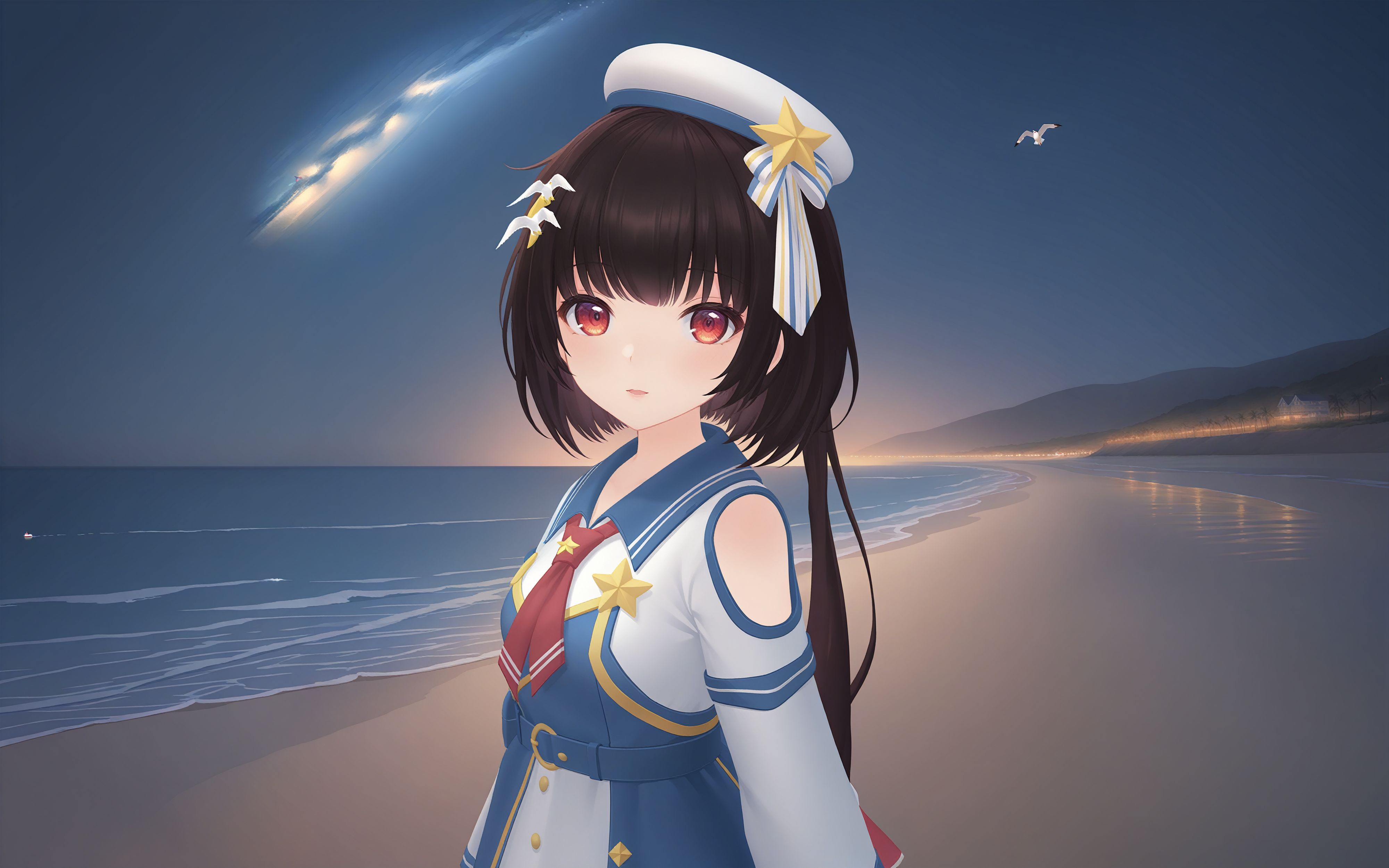 <lora:sdxl_base_yousa v1.1:0.9>, masterpiece, best quality, yousa, yousa_WithShipSeagull, 1girl, solo, red eyes,DMB_hair, WithShipSeagull_hair_ornament, (WithShipSeagull_suits:1.2), looking at viewer, beach, night, galaxy