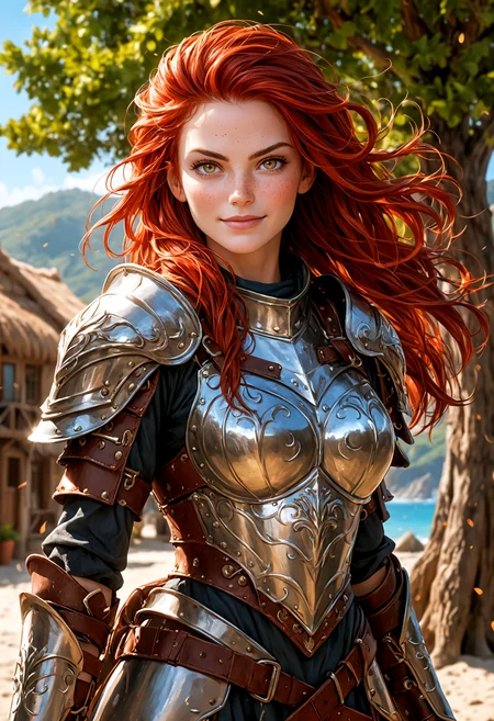 (photorealism:1.5)
heroic female warrior, confident smile, wind blowing her red hair, detailed armor, majestic tree in the background, serene coastal village, vibrant colors, high contrast, cinematic, strong pose, determined expression, epic, high-definition, adventurous atmosphere
slight freckles, long eyelashes,