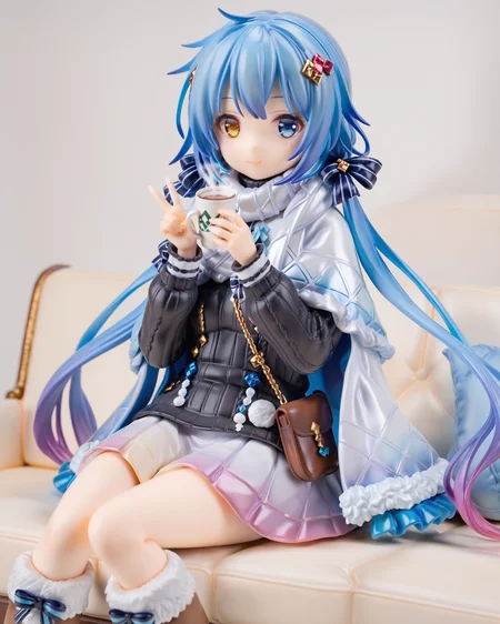 <lora:[PonyXL] SPP-1 v0.5 (SomeSloppyBoi):0.9>, 1girl, solo, SPP1, long hair, blue hair, low twintails, gradient hair, blue eyes, heterochromia, gold eye, hair ribbons, diamond hair ornament, white shawl, black sweater, white skirt, frills, ribbons, frill cuffs, fur trim, fur boots, hip pouch, sitting on sofa, (holding a coffee cup), peace sign,