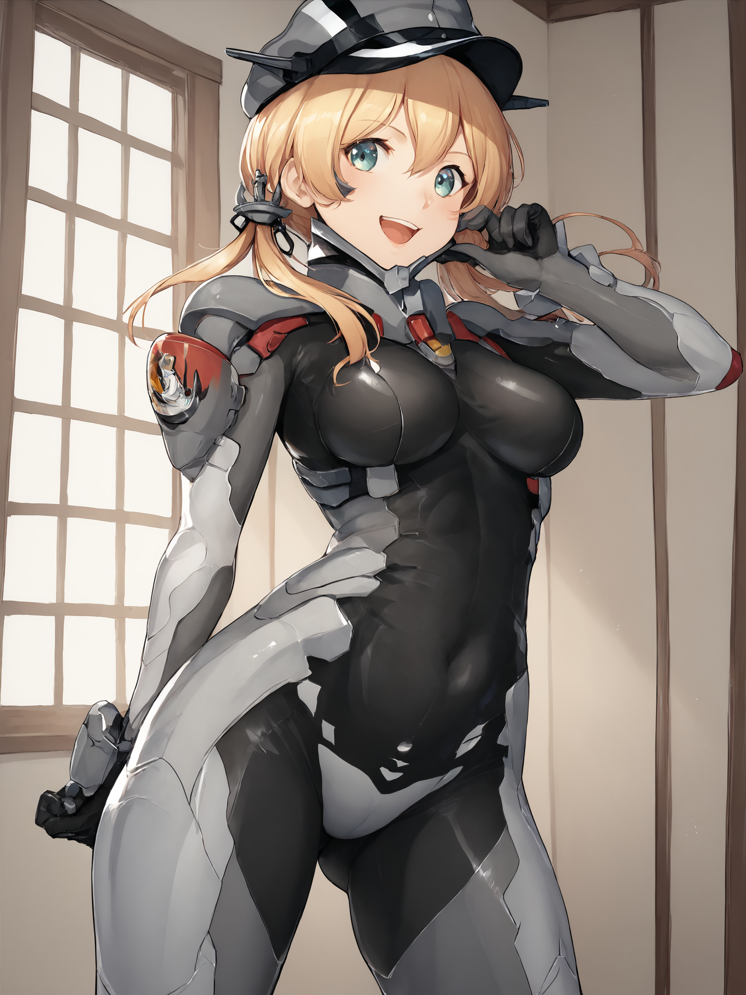 score_9, score_8_up, score_7_up, zPDXL, zPDXLpg, <lora:offset_0.2:0.1>, <lora:spo_sdxl_10ep_4k-data_lora_webui:1>,
1girl, solo,
germanfortifiedsuit, <lora:German_Fortified_Suit_v2:1>,
prinz eugen (kancolle), low twintails, anchor hair ornament, military hat, <lora:Prinz_Eugen_from_Kantai_Collection_Pony:0.7>,
excited, happy, ass visible through thighs, looking at viewer,
indoors, naval base