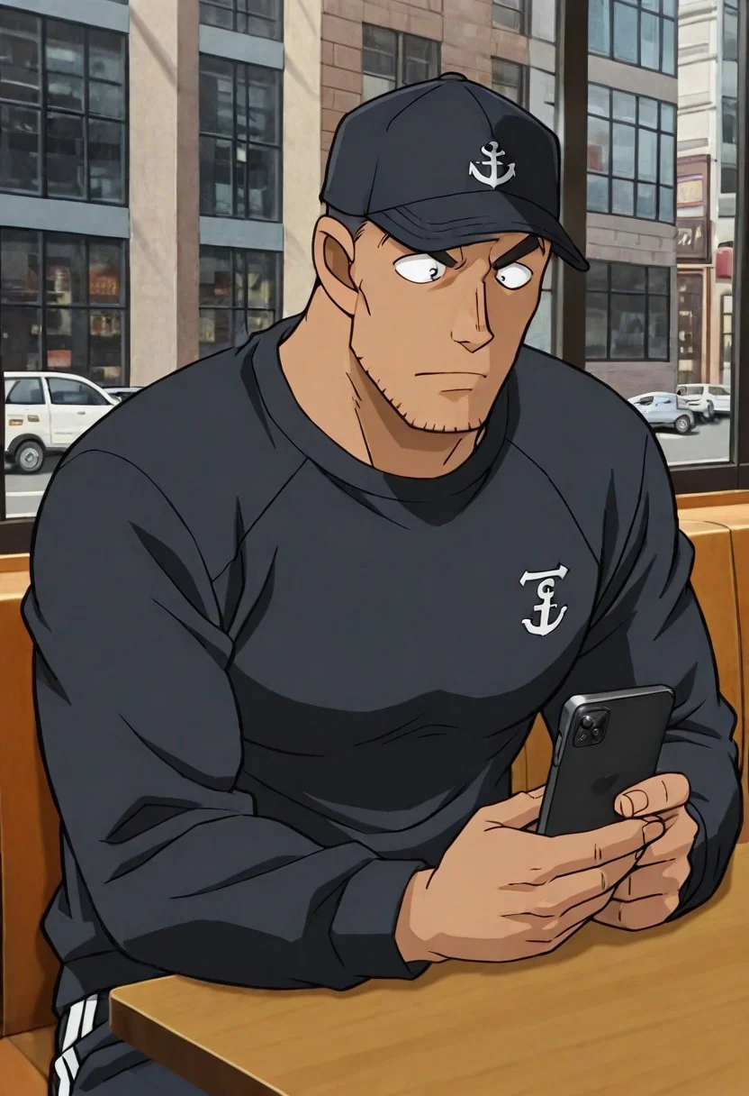 Anime, quality,high quality,masterpiece,extremely detailed,correct anatomy,best aesthetic, detailed face, (EyesHD), (solo), 1man,crew cut, (man in 20's, shaved face, solid pupils:1.5, black short hair, Date Wataru, muscular body), tanned skin, large pectoral, big taller_male, (black hoddie with long sleeve:1.5, gym pants, navy baseball cap, sitting on wooden chair, coffee on table, in cafe, side window, city street, looking at phone, whole body),