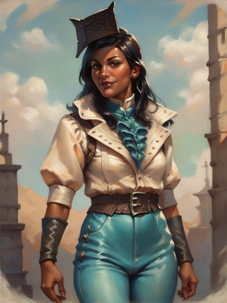 score_9, score_8_up, score_7_up, 1girl, dynamic pose, cowboy shot, light smile, looking at viewer, daylight, sexy pose, sexually suggestive, white light,
<lora:ANaveGallus_character:0.8>, NaveGallus, black hair, long hair, brown eyes, dark skin, white shirt, blue pants, belt, high collar, hat, cartoon, <lora:Eldritch Oil Style LoRA_Pony XL v6:0.7> oil painting, traditional media, realistic,,