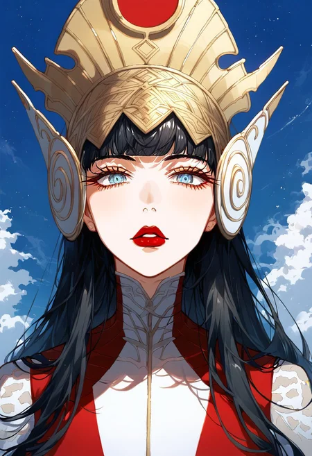 1girl, full body panagiataosmtv, long hair, black hair, blunt bangs, blue eyes, helmet, white bodysuit, red skirt,yellow field, dark deep blue sky, evening. upper body shot, closeup, portrait, sky, clouds, blacklight, dappled light,dappled sunlight <lora:sxz-Slavic-Fantasy-pdxl:0.75>, BREAK, score_8_up, score_7_up, Expressiveh, slavic,kanekostyle, lipstick, eye shadow, eyelashes