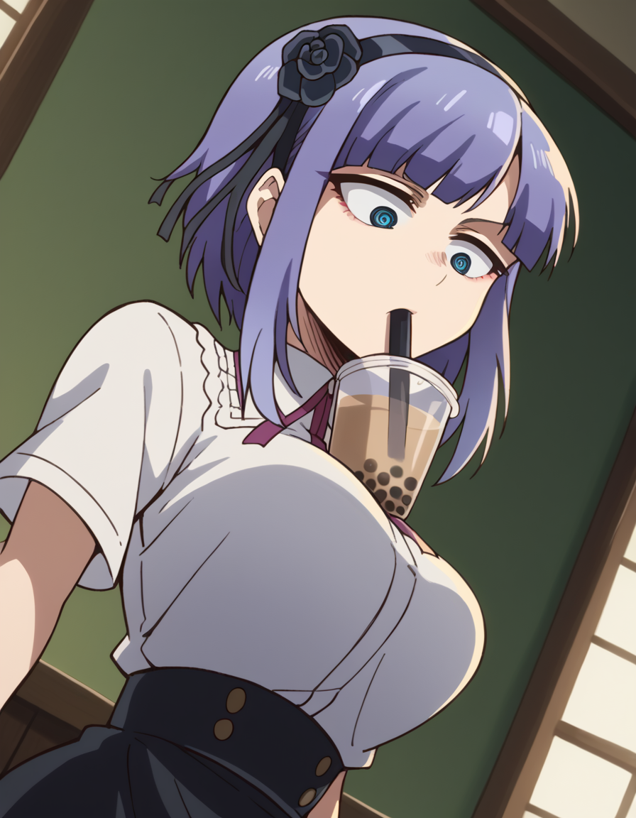 score_9, score_8_up, score_7_up, source_anime, <lora:hotaru-shidare-s2-ponyxl-lora-nochekaiser:1>, hotaru shidare, short hair, blue eyes, hair ornament, purple hair, flower, hairband, hair flower, ringed eyes, large breasts,, <lora:bubble-tea-challenge-ponyxl-lora-nochekaiser:1>, bubble tea challenge, bubble tea, object on breast, drinking straw, drinking straw in mouth, drinking, cup,, indoors, sitting, looking down, , cowboy shot, dutch angle