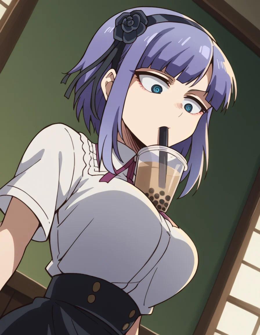 score_9, score_8_up, score_7_up, source_anime, <lora:hotaru-shidare-s2-ponyxl-lora-nochekaiser:1>, hotaru shidare, short hair, blue eyes, hair ornament, purple hair, flower, hairband, hair flower, ringed eyes, large breasts,, <lora:bubble-tea-challenge-ponyxl-lora-nochekaiser:1>, bubble tea challenge, bubble tea, object on breast, drinking straw, drinking straw in mouth, drinking, cup,, indoors, sitting, looking down, , cowboy shot, dutch angle