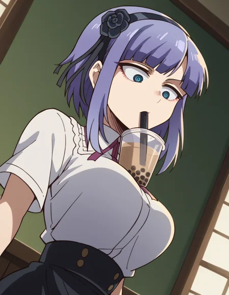 score_9, score_8_up, score_7_up, source_anime, <lora:hotaru-shidare-s2-ponyxl-lora-nochekaiser:1>, hotaru shidare, short hair, blue eyes, hair ornament, purple hair, flower, hairband, hair flower, ringed eyes, large breasts,, <lora:bubble-tea-challenge-ponyxl-lora-nochekaiser:1>, bubble tea challenge, bubble tea, object on breast, drinking straw, drinking straw in mouth, drinking, cup,, indoors, sitting, looking down, , cowboy shot, dutch angle