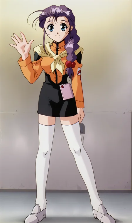 MR, 1girl, solo, purple hair, single braid, blue eyes, hair over shoulder, hair ornament, yellow neckerchief, orange jacket, long sleeves, black skirt, zettai ryouiki, white thighhighs, shoes, full body, standing, looking at viewer, smile, happy, waving, retro artstyle, <lora:Megumi Reinard Pony XL:1>
