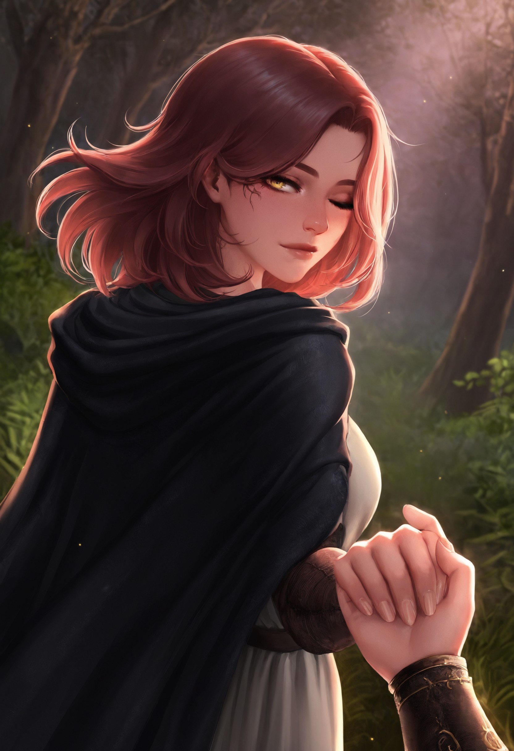 lmnu2, (melina_(elden_ring):1.3), 1girl, black_cape, brown_hair, cape, closed_mouth, dress, erdtree_(elden_ring), facial_tattoo, fingernails, floating_hair, forehead, gauntlets, grey_dress, holding_hands, hood, hood_down, hooded_cape, leaf, long_sleeves, looking_at_viewer, one_eye_closed, outdoors, pov, pov_hands, reaching, looking_back, reaching_towards_viewer, holding_hands, short_hair, tattoo, tree, yellow_eyes, dynamic dutch angle, dramatic lighting, masterpiece, best quality, amazing quality, very aesthetic, 4k, official art, latest , , <lora:15ef8722-e697-4cc8-b5b2-c938a811fd0c:0.9>