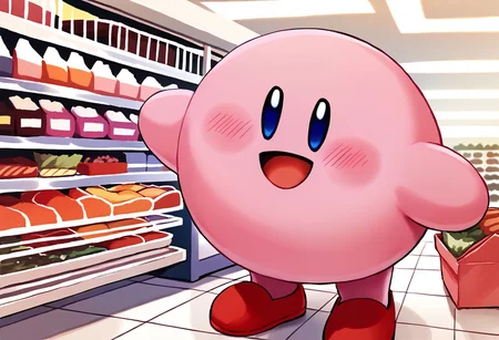 score_9, score_8_up, score_7_up BREAK LongKirby, dark blue eyes, pink body, blush, red shoes, happy, shopping at supermarket, supermarket shopping, supermarket indoors, supermarket background,